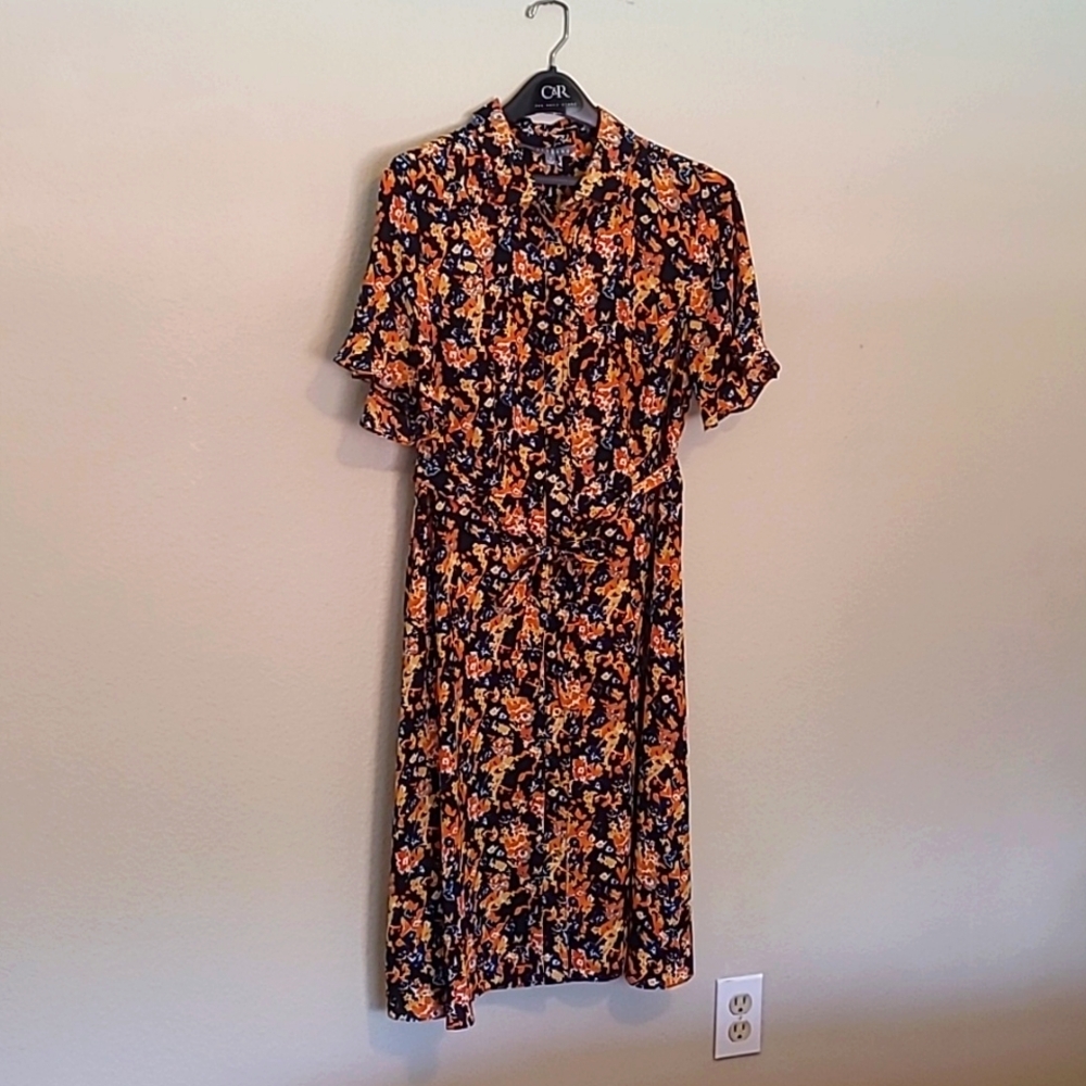 Black and orange button-down dress with tie waist. Made by Sharagano.